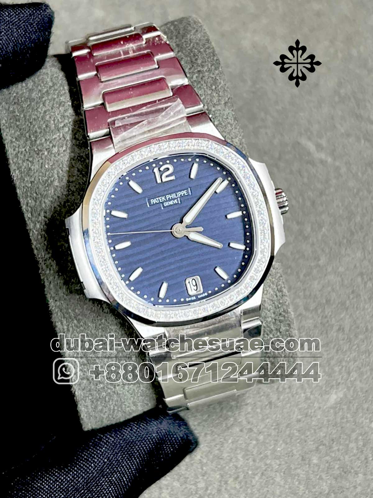pb-1 copy PATEK PHILIPPE Nautilus Ladies Automatic Blue Dial Stoned Bezel Reference #7118/1200A-011