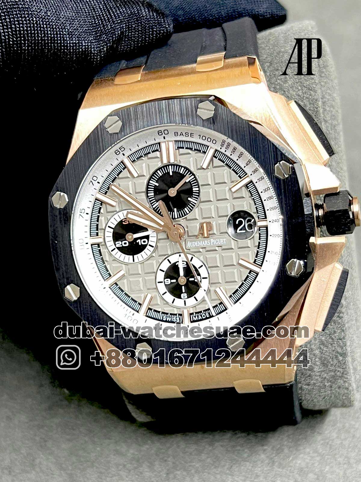61.1 Replica Audemars Piguet Royal Oak Offshore Grey Dial Black Bezel with Gold Case Black Rubber Starp