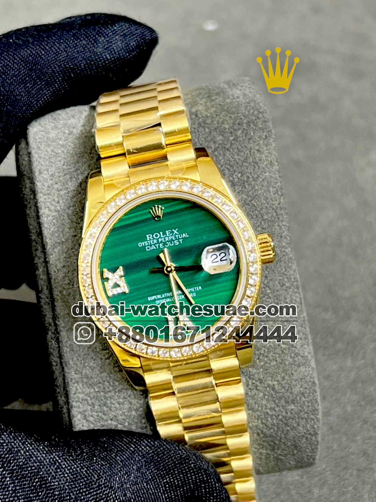 29.1 Copy Rolex 31 mm Date Just ,Green color ,Stoned Bezel and Roman Numerals
