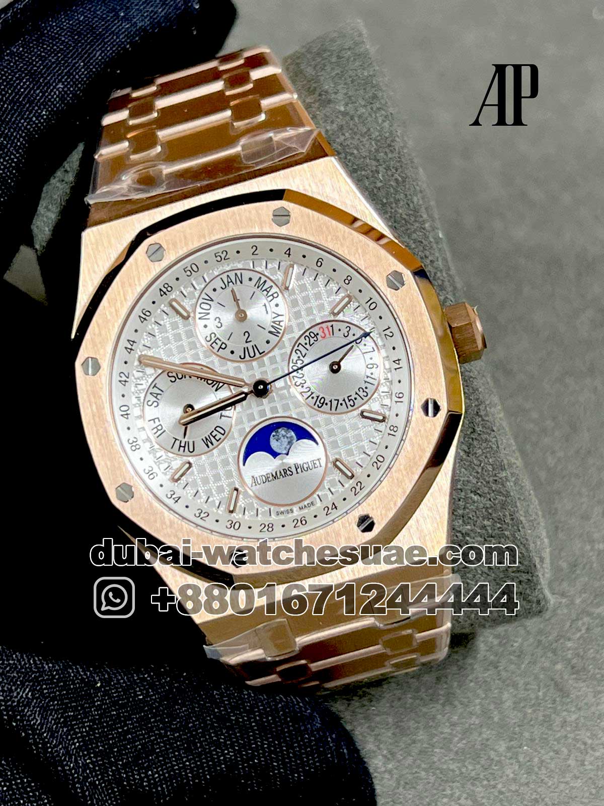 67.1 Copy Audemars Piguet Royal Oak Perpetual Calendar 41 mm White dial Moonphase Rose Gold Bezel And Bracelet