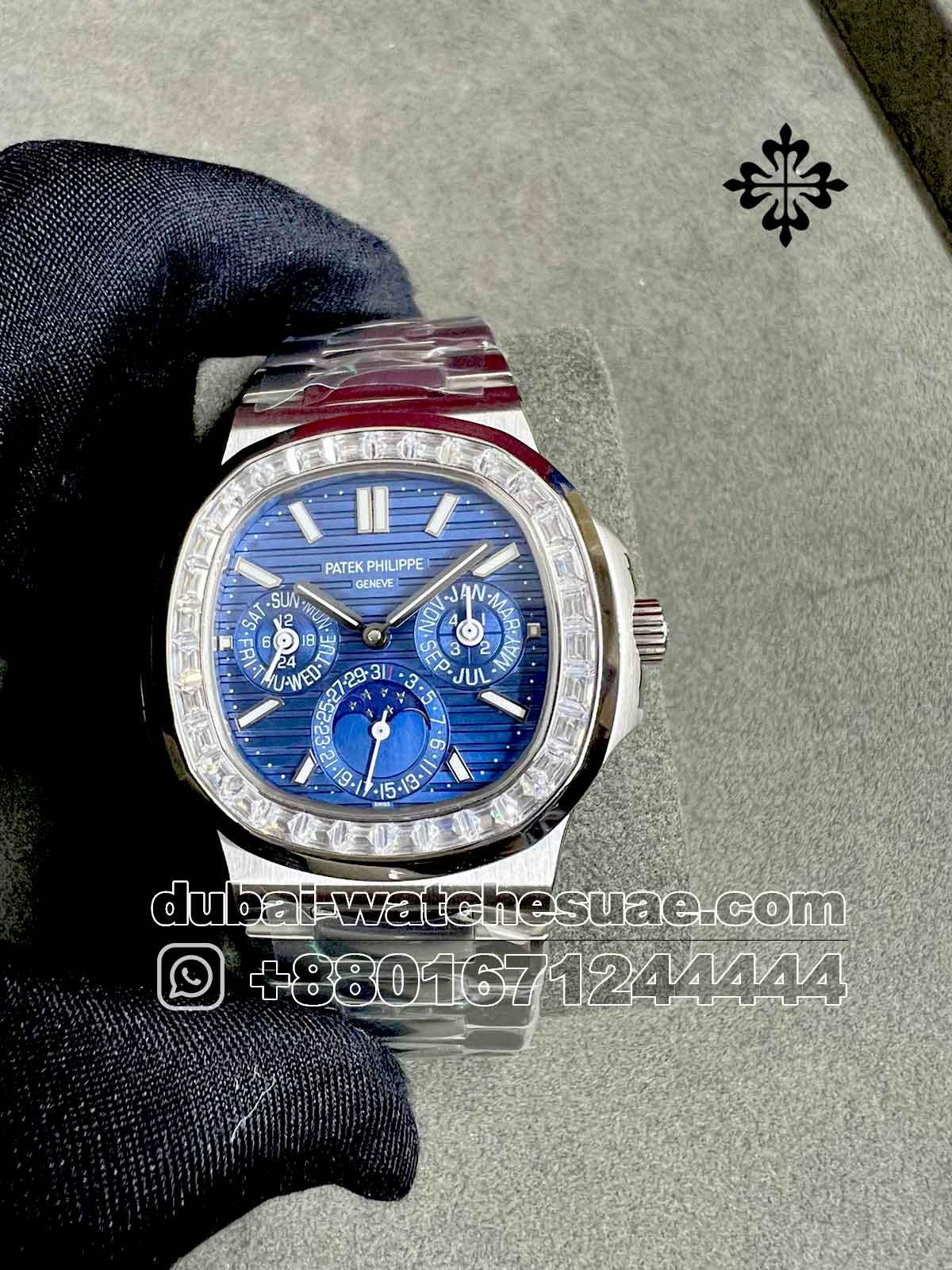 1-a Copy Patek Philippe Nautilus Perpetual Calendar 5740/1G-001 White Gold New/Fullset/2021 Blue Dial With Chrono Stoned Bezel