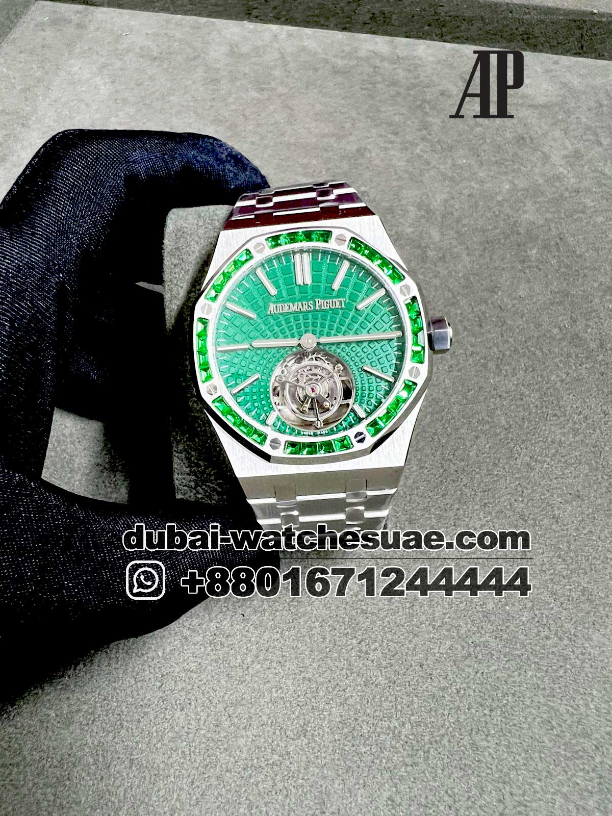 1-a Copy Audemars Piguet Tourbillon Green Diamond Ref 26532IC.EE.1220TI.01 Green Dial Wilth Green Stoned Bezel Stainless Steel