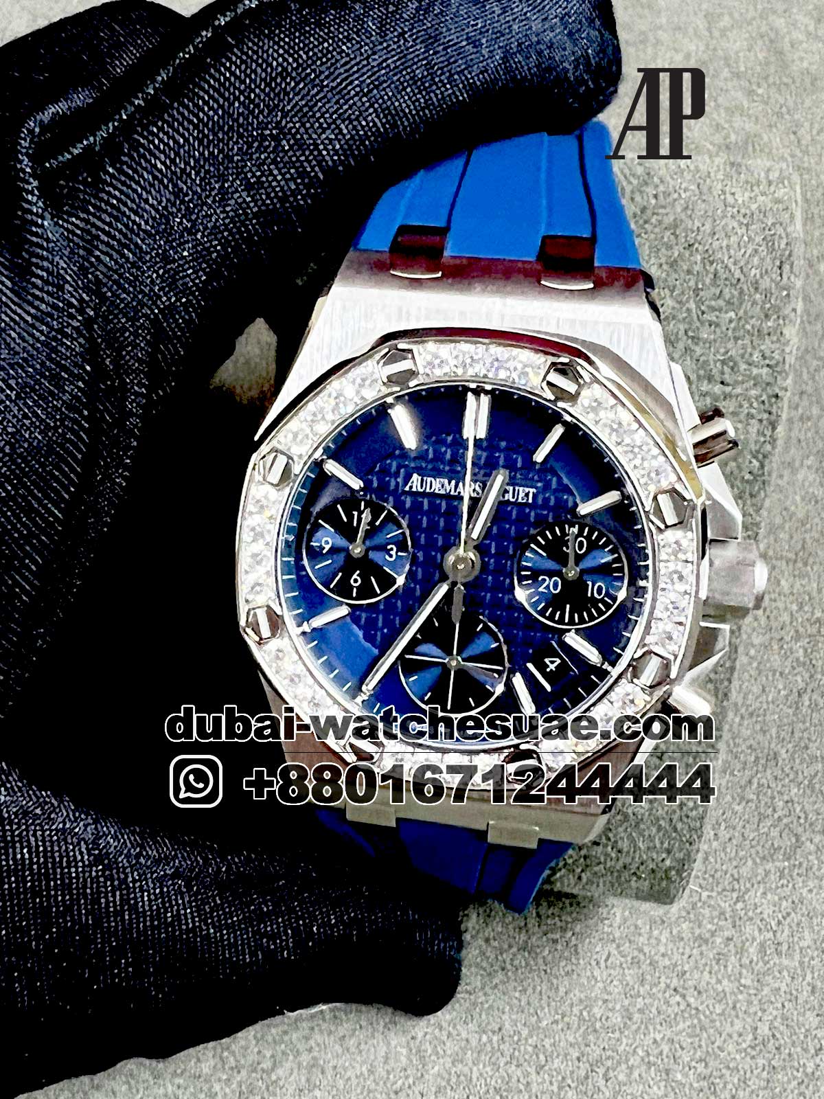 4-a Copy AUDEMARS PIGUET Royal Oak Offshore Chronograph 26231OR.ZZ.D003CA.01 Blue Dial Stoned Bezel With Blu Rubber Strap
