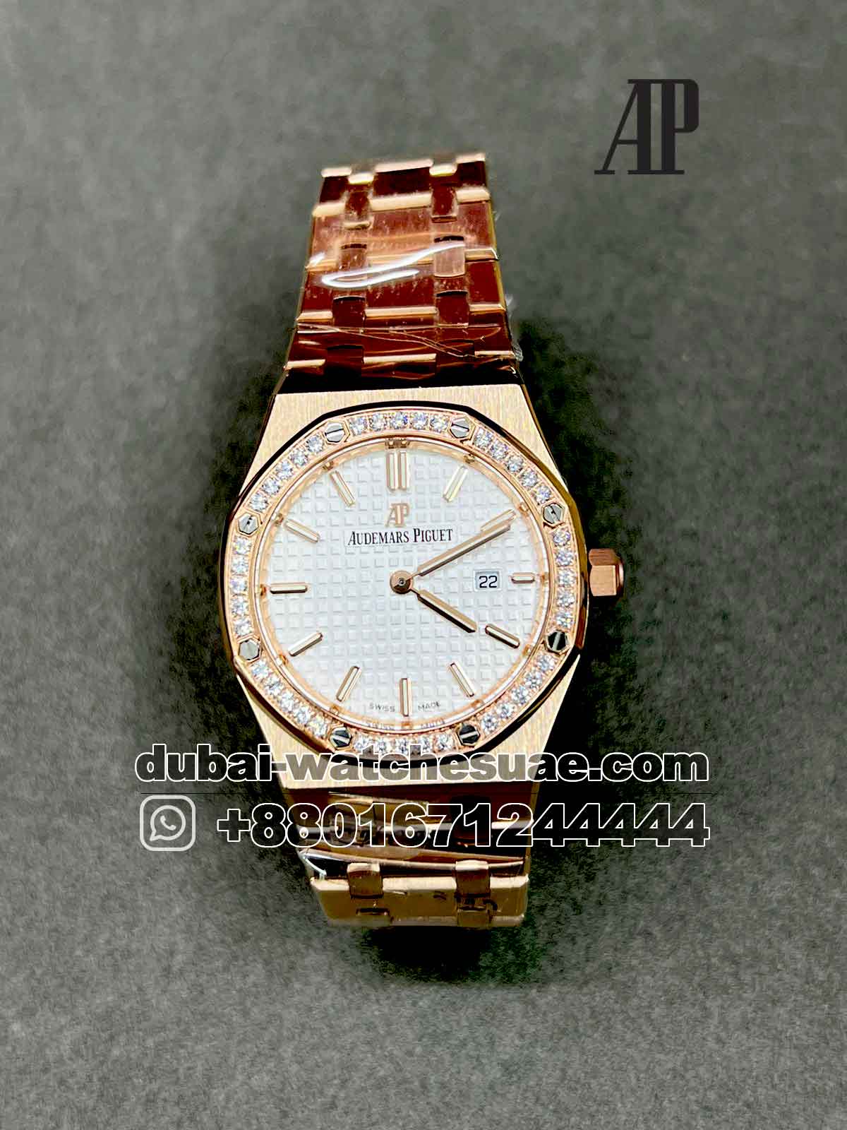 2-a Copy Audemars Piguet Royal Oak 33 mm White dial With Stoned Bezel Rose Gold Bracelet