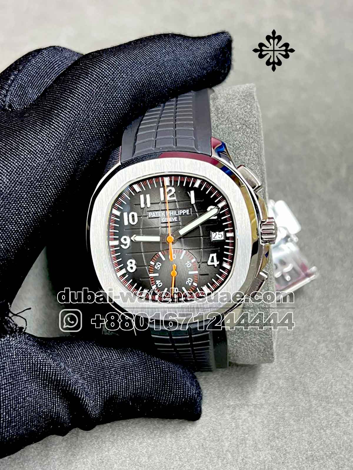 p4-a Copy Patek Philippe Aquanaut 5968A-001 Black Dial Chrono with Black Rubber Strap