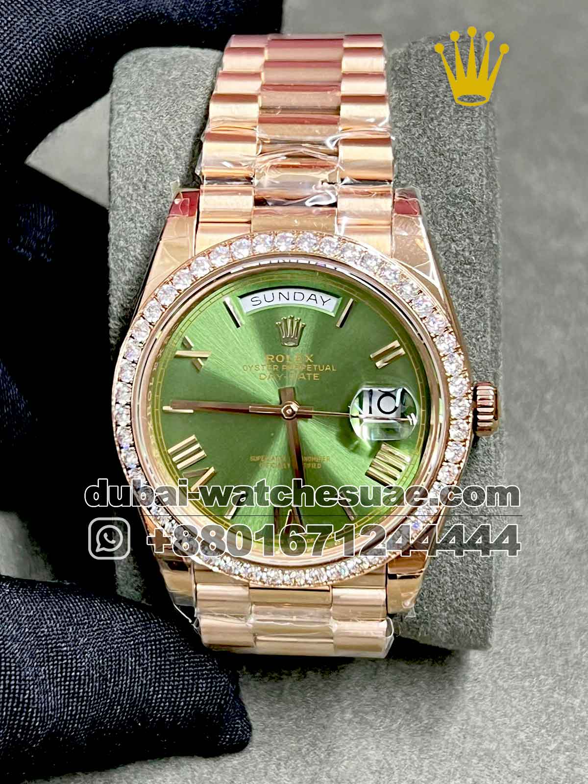 r13-a Copy Rolex 40 mm Day date ,Rose gold, Green dial ,Stoned Bezel