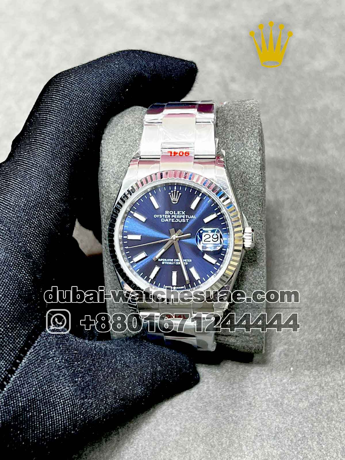 13-a replica Rolex 36 mm Date just Blue dial with silver flutted bezel With Oyster Bracelet