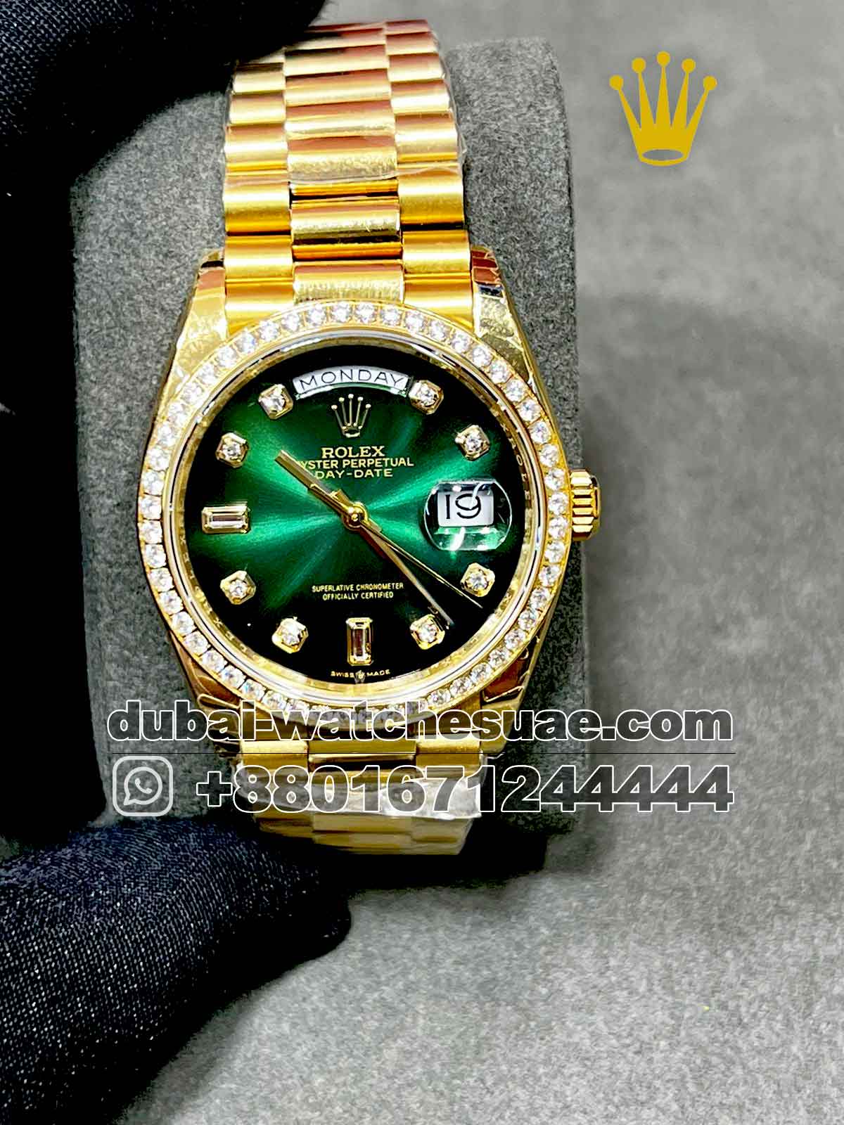 18-a Copy Rolex 36mm gold green face Stoned Bazel