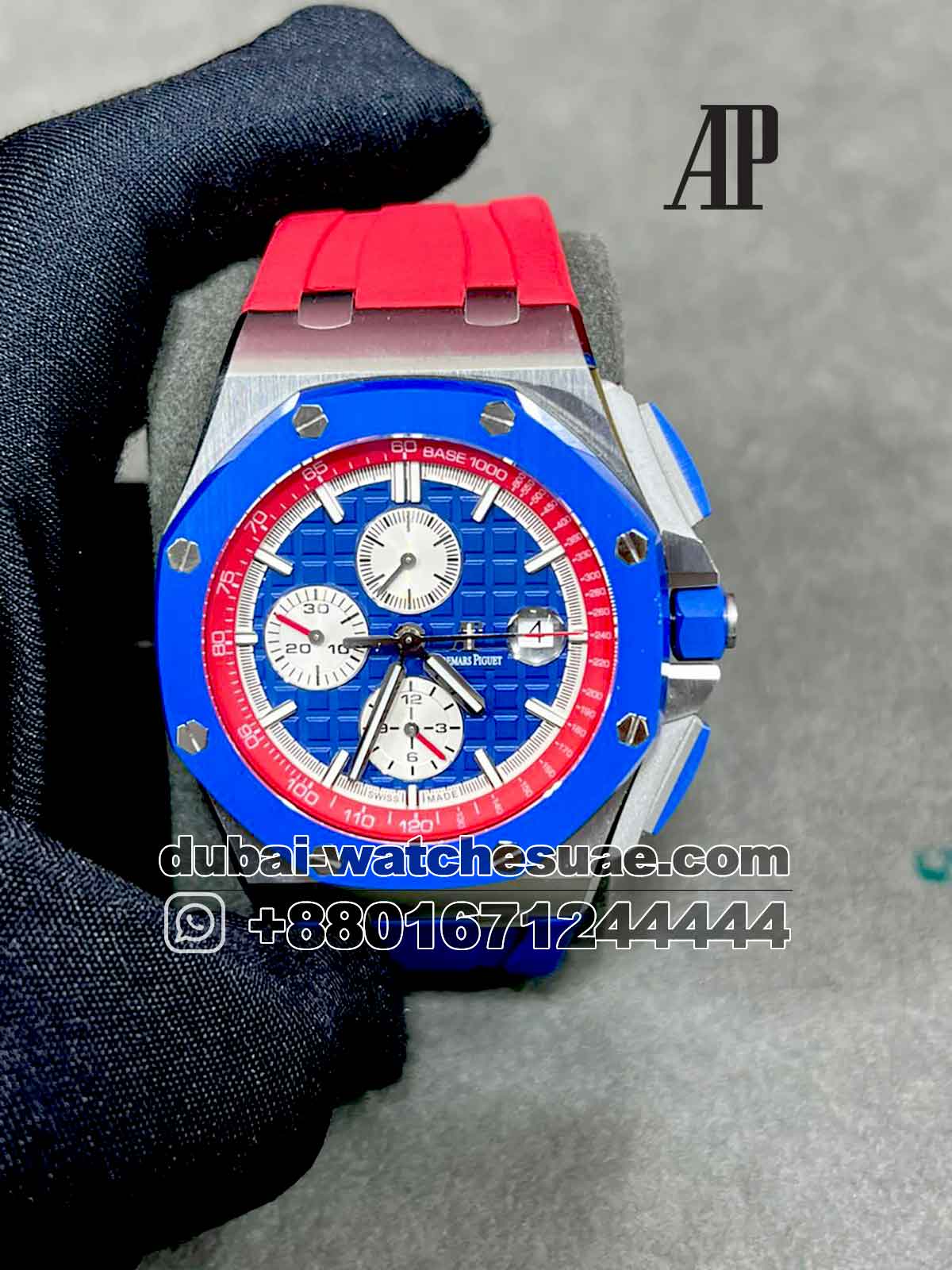 5-a copy Audemars Piguet Royal Oak Offshore Chronograph 42mm Blue Dial White Sub Dial Blue Ceramic Bezel with Blue And Red Rubber Strap
