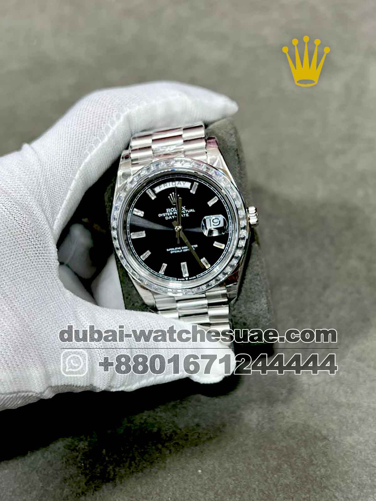 2-a Copy Rolex 40 mm Day date , Black Dial ,Stoned Bezel ,President Bracelet