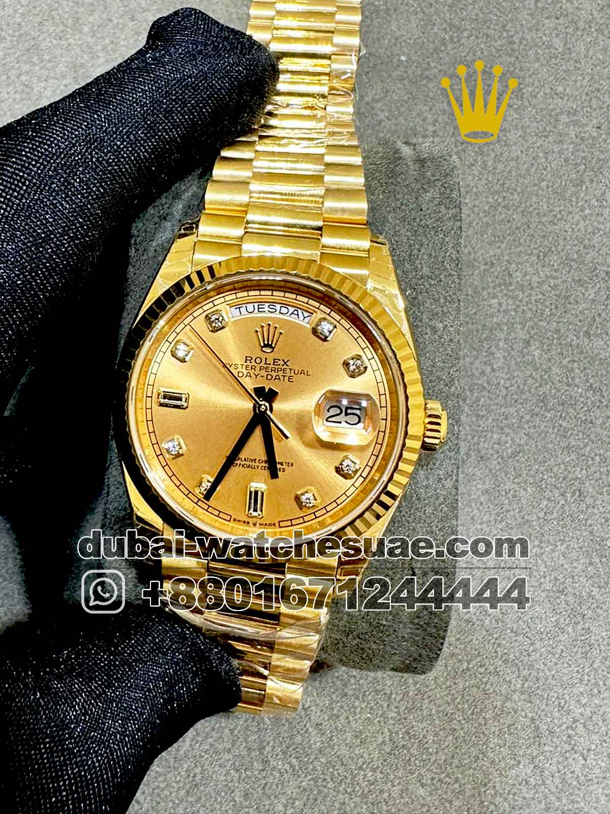 Copy Rolex 36 mm Day date Golden Dial Stoned Numeric With Flutted Bezel Copy Rolex 36 mm Day date Golden Dial Stoned Numeric With Flutted Bezel