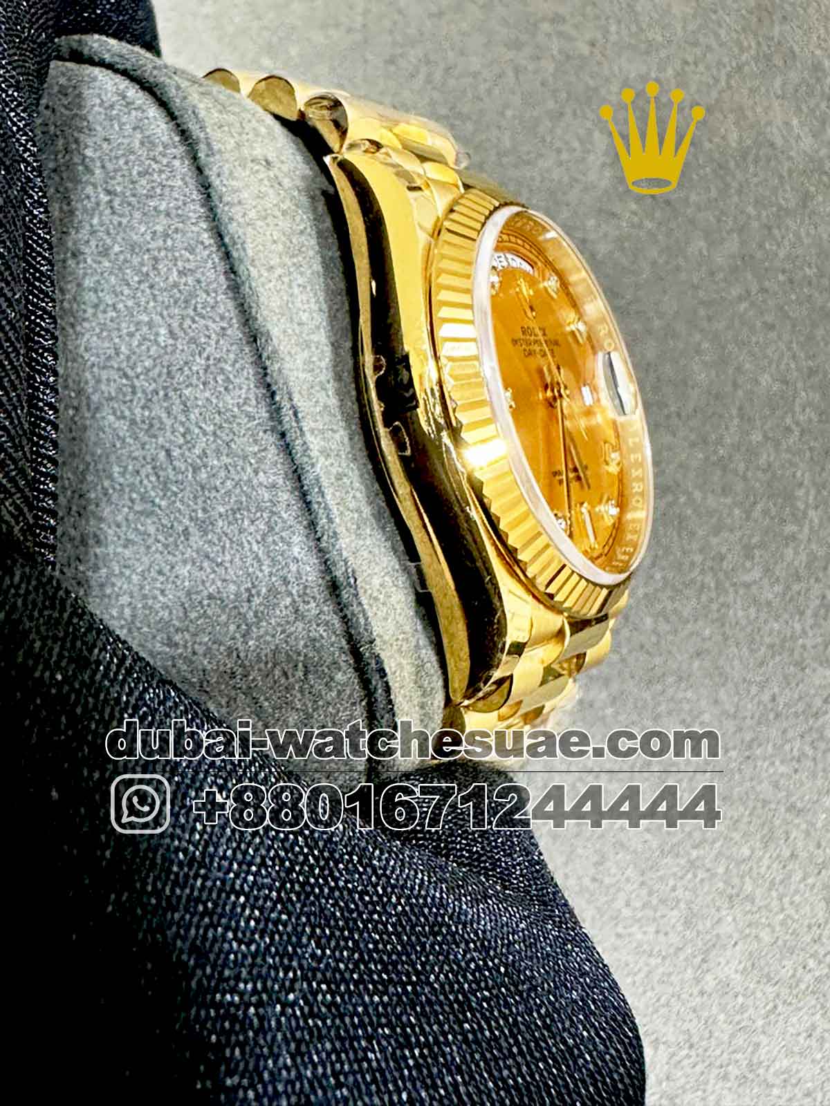 Replica Rolex 36 mm Day date Golden Dial Stoned Numeric With Flutted Bezel Replica Rolex 36 mm Day date Golden Dial Stoned Numeric With Flutted Bezel