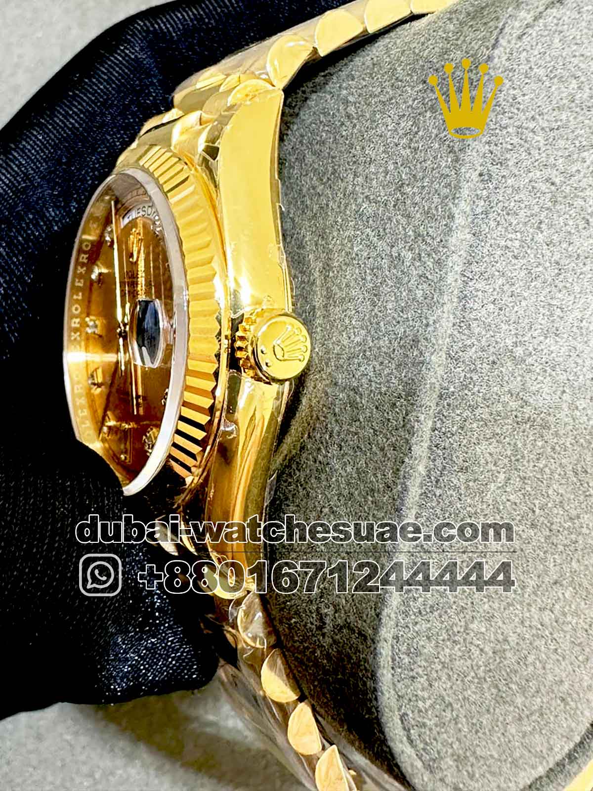 AAA Rolex 36 mm Day date Golden Dial Stoned Numeric With Flutted Bezel AAA Rolex 36 mm Day date Golden Dial Stoned Numeric With Flutted Bezel