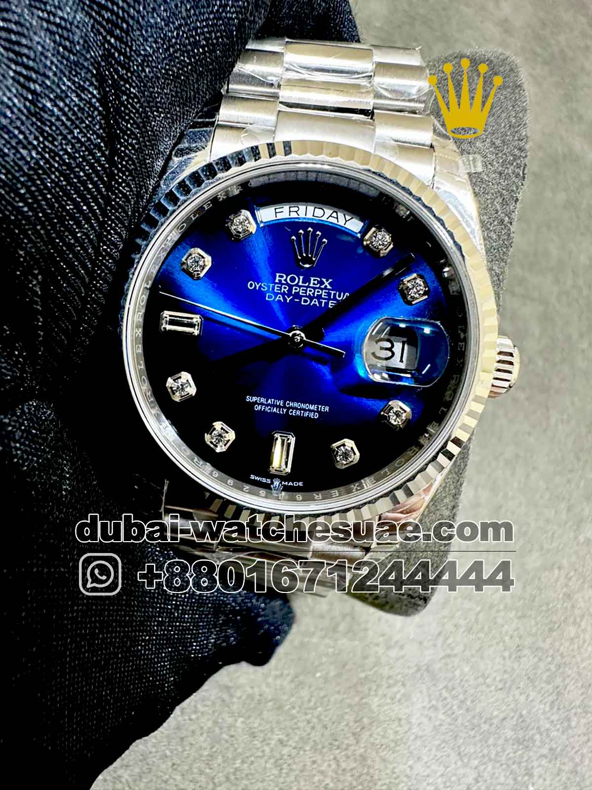 Copy Rolex 36 mm Day date Blue Dial Stoned Numeric With Flutted Bezel Copy Rolex 36 mm Day date Blue Dial Stoned Numeric With Flutted Bezel