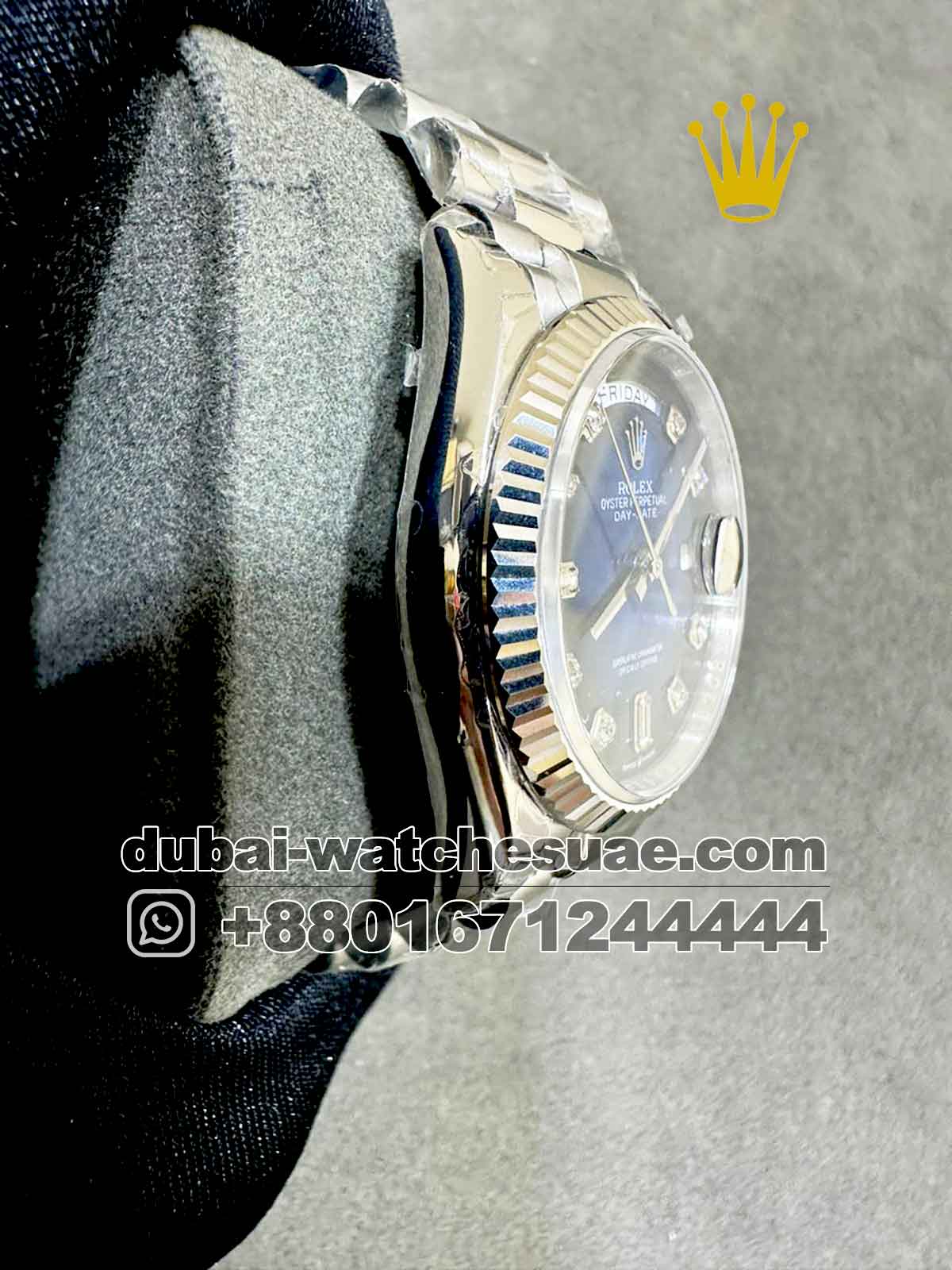 Replica Rolex 36 mm Day date Blue Dial Stoned Numeric With Flutted Bezel Replica Rolex 36 mm Day date Blue Dial Stoned Numeric With Flutted Bezel
