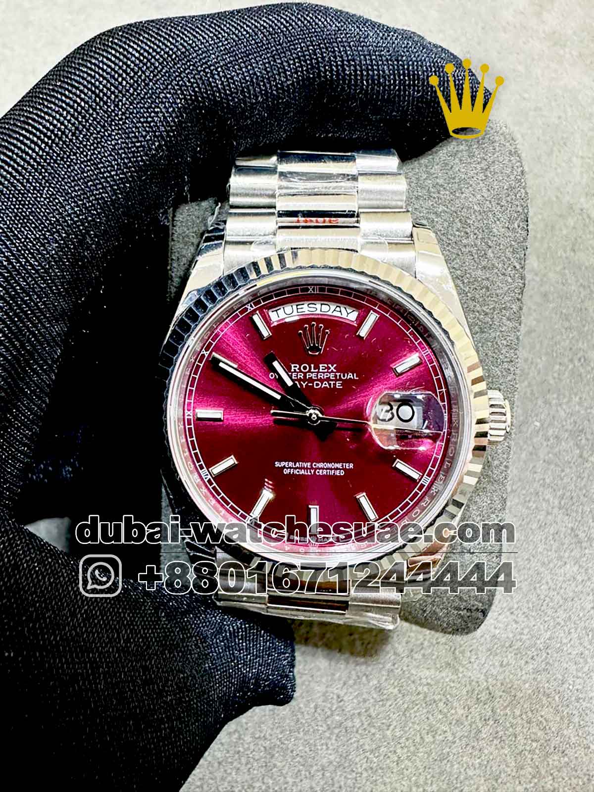 Copy Rolex 36 mm Day date Ruby Dial Flutted Bezel Copy Rolex 36 mm Day date Ruby Dial Flutted Bezel