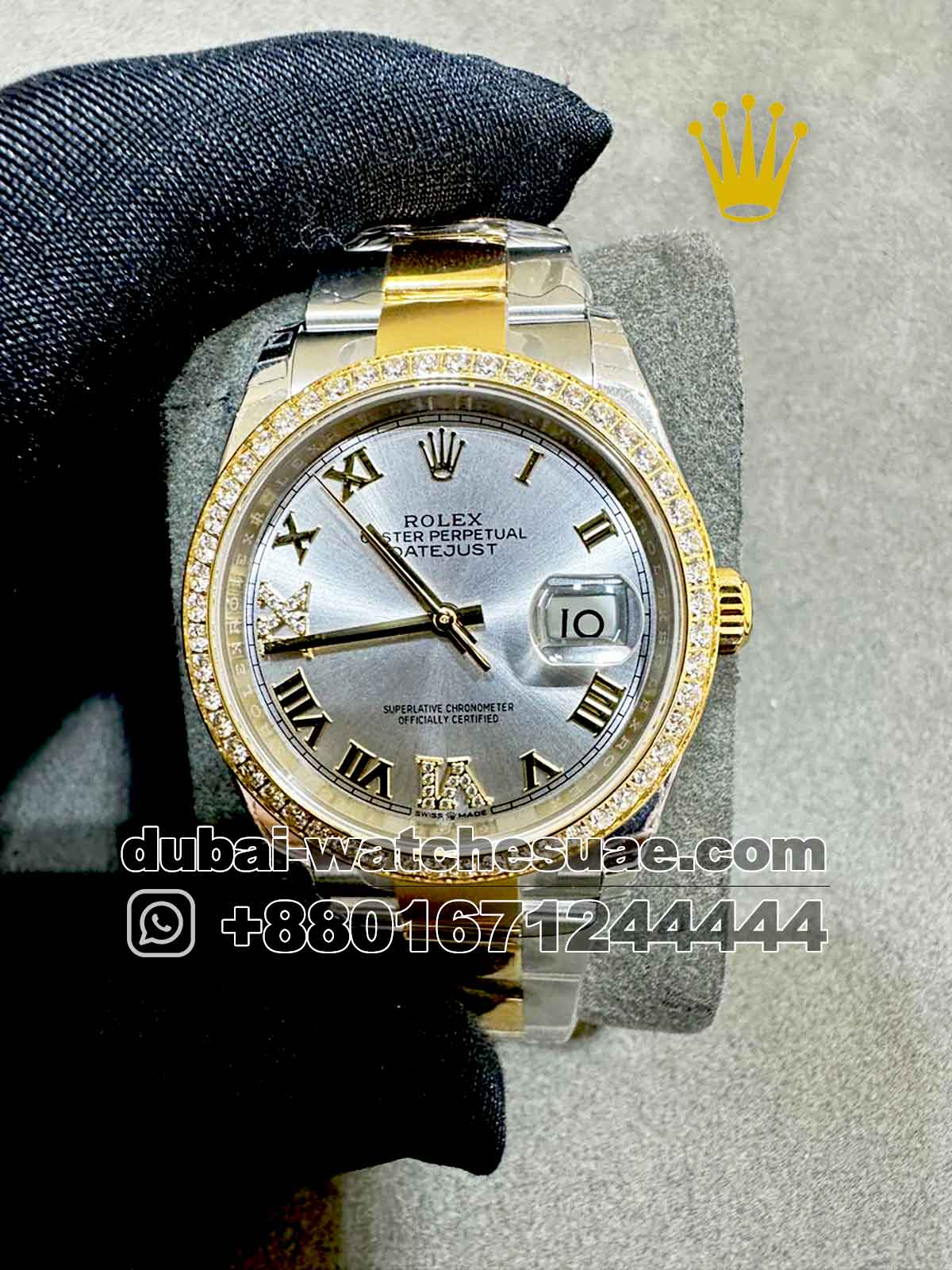 Copy Rolex 36 mm Date Just Silver Dial Roman Numeric With Stoned Gold lined Bezel Copy Rolex 36 mm Date Just Silver Dial Roman Numeric With Stoned Gold lined Bezel