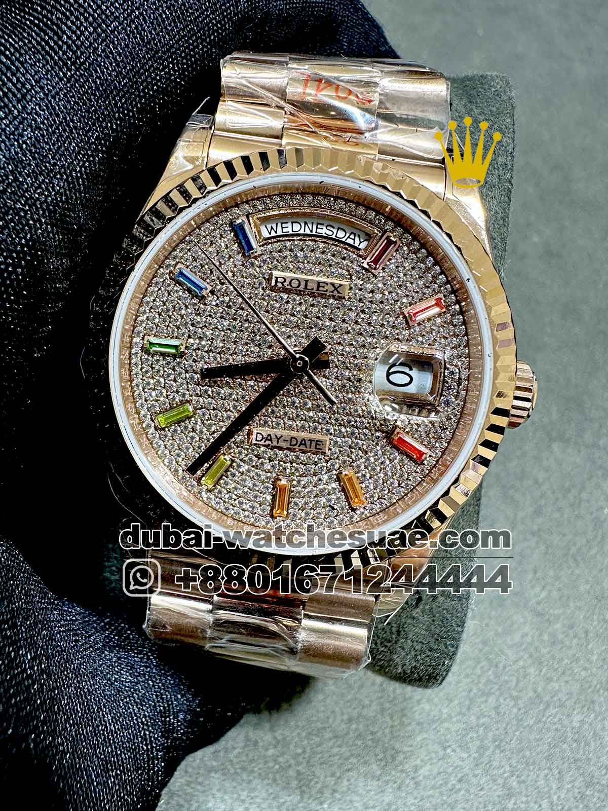 Copy Rolex 36 mm Rose Gold Day Date Stoned Dial With Rainbow Stoned Numeric Flutted Bracelet Copy Rolex 36 mm Rose Gold Day Date Stoned Dial With Rainbow Stoned Numeric Flutted Bracelet