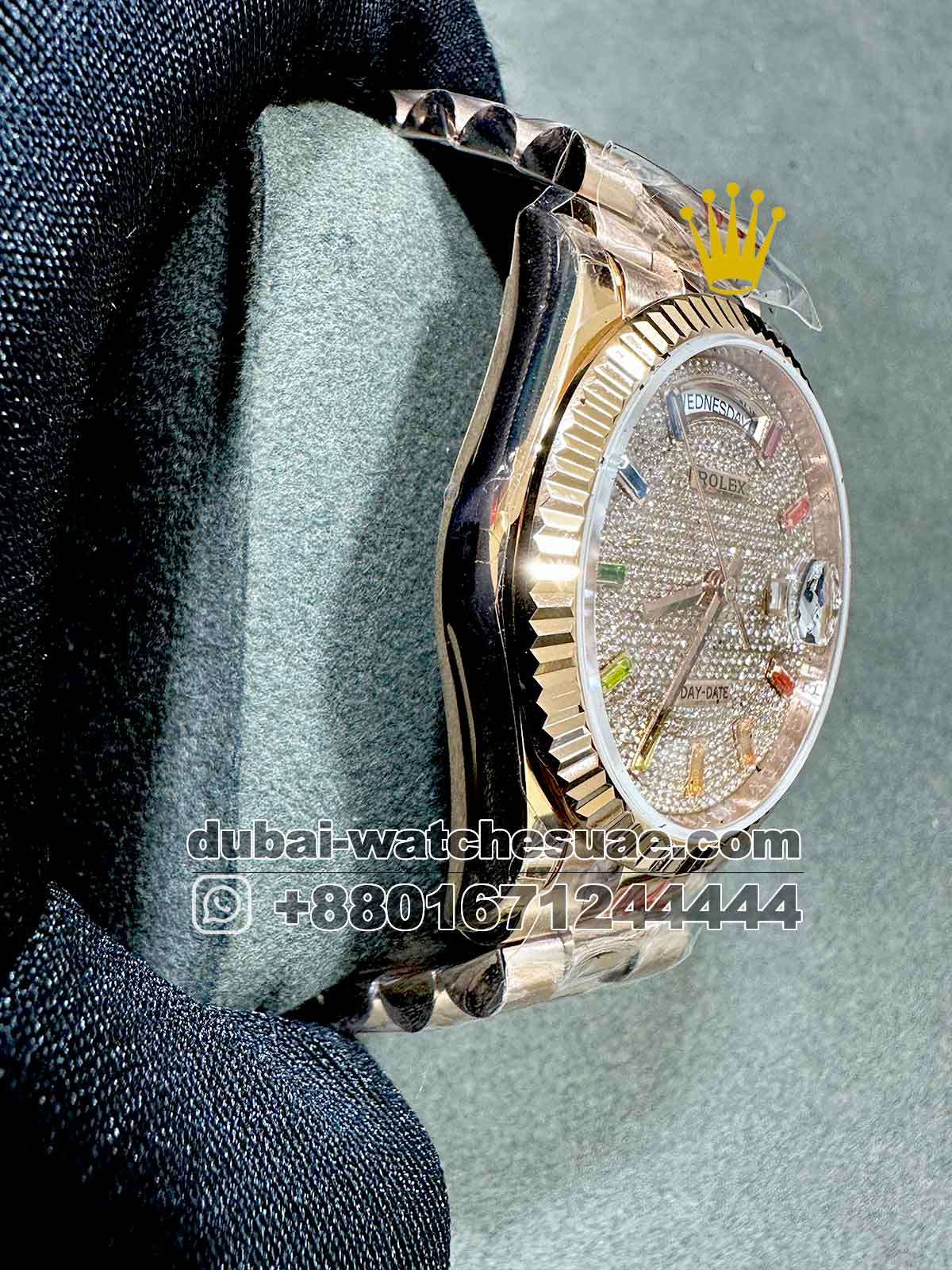 REplica Rolex 36 mm Rose Gold Day Date Stoned Dial With Rainbow Stoned Numeric Flutted Bracelet Replica Rolex 36 mm Rose Gold Day Date Stoned Dial With Rainbow Stoned Numeric Flutted Bracelet