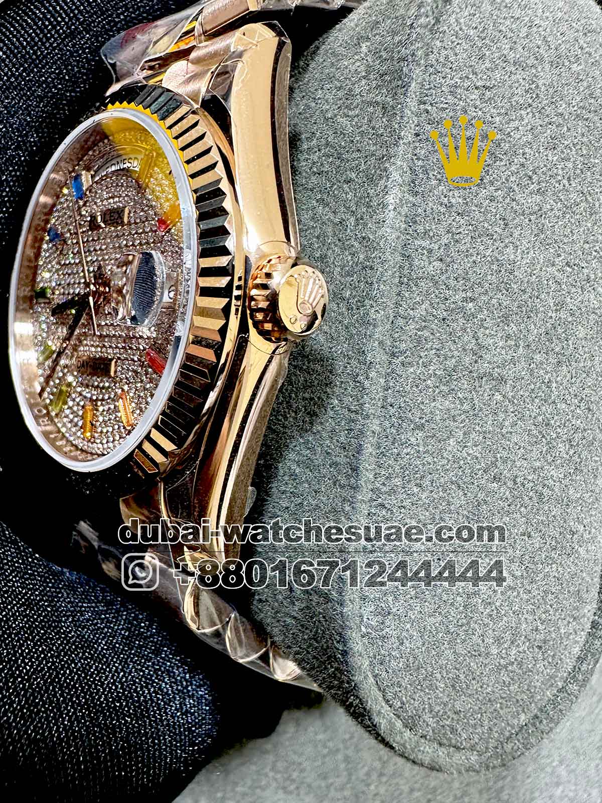 AAA Rolex 36 mm Rose Gold Day Date Stoned Dial With Rainbow Stoned Numeric Flutted Bracelet AAA Rolex 36 mm Rose Gold Day Date Stoned Dial With Rainbow Stoned Numeric Flutted Bracelet