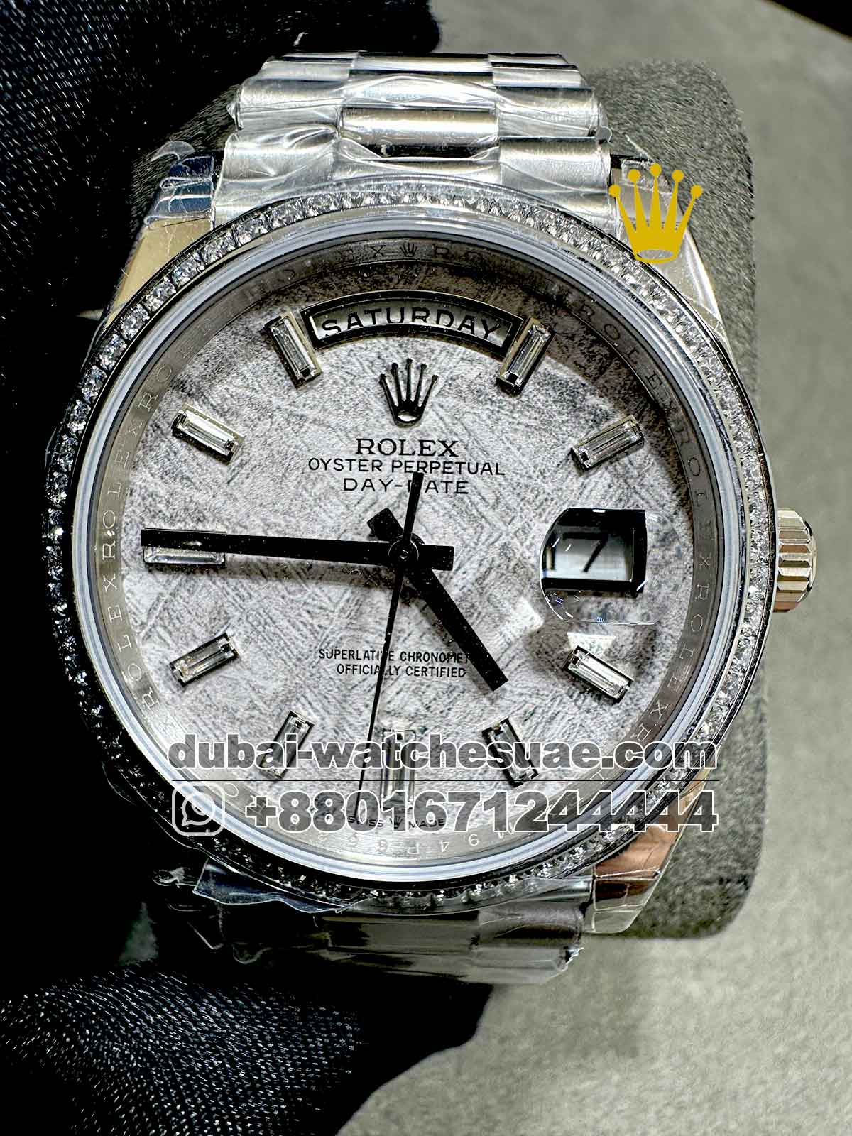 Copy Rolex Day-Date 40mm Meteorite White Dial With Stone Numeric and Stoned Bezel Copy Rolex Day-Date 40mm Meteorite White Dial With Stone Numeric and Stoned Bezel