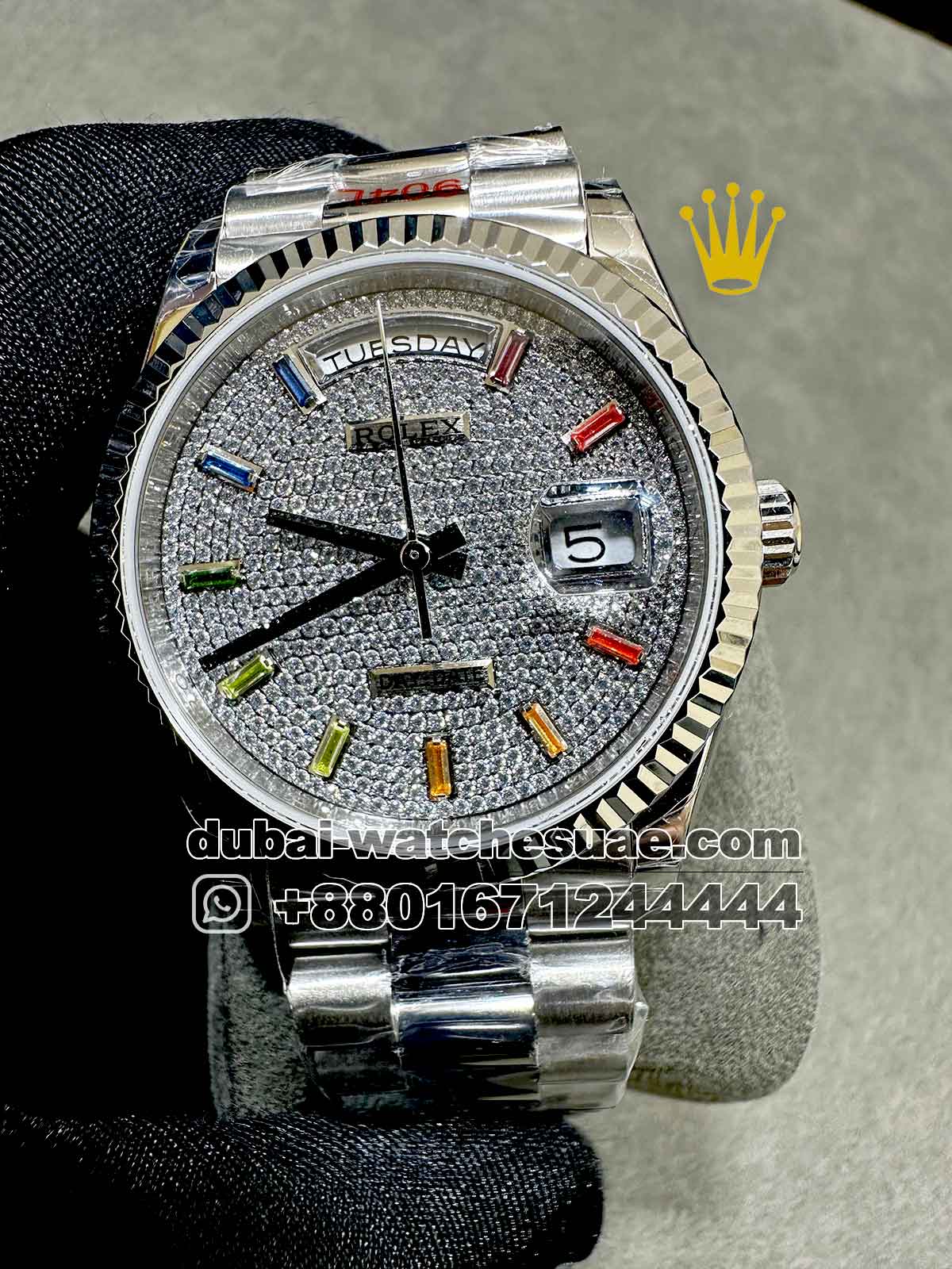 Copy Rolex 36 mm Silver Day Date Stoned Dial With Rainbow Stoned Numeric Flutted Bezel With President Bracelet Copy Rolex 36 mm Silver Day Date Stoned Dial With Rainbow Stoned Numeric Flutted Bezel With President Bracelet