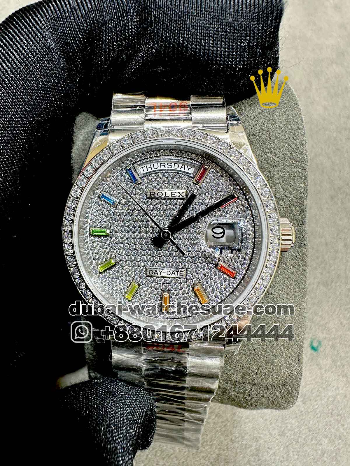 Copy Rolex 36 mm Silver Day Date Stoned Dial With Rainbow Stoned Numeric Stoned Bezel With President Bracelet Copy Rolex 36 mm Silver Day Date Stoned Dial With Rainbow Stoned Numeric Stoned Bezel With President Bracelet