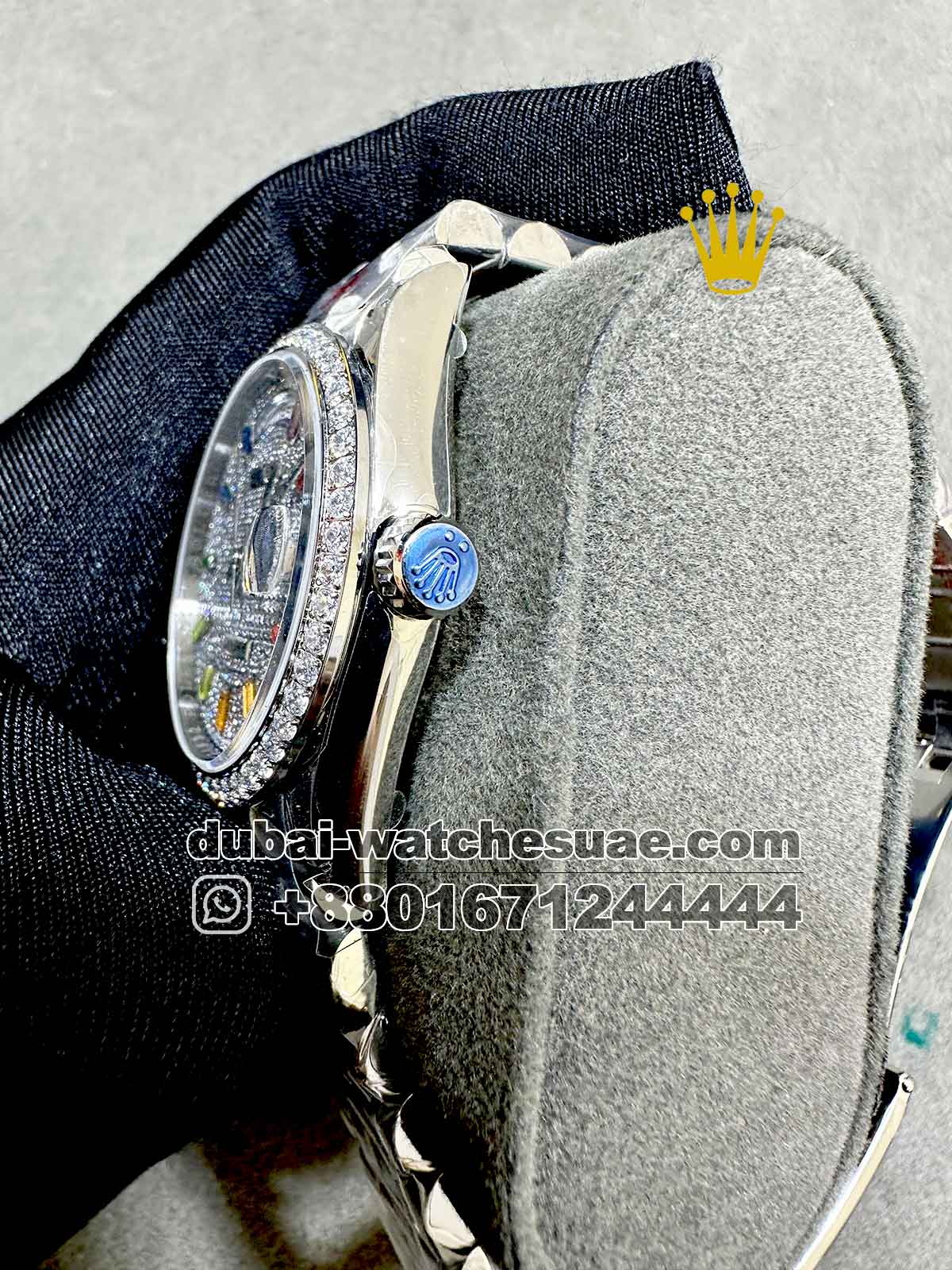 Superclone Rolex 36 mm Silver Day Date Stoned Dial With Rainbow Stoned Numeric Stoned Bezel With President Bracelet Superclone Rolex 36 mm Silver Day Date Stoned Dial With Rainbow Stoned Numeric Stoned Bezel With President Bracelet