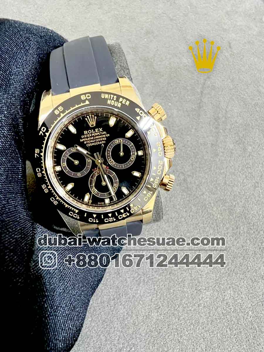 Copy Rolex Cosmograph Daytona 40 mm Gold Black Dial With Black Chrono Black Bezel With Black Rubber Strap Copy Rolex Cosmograph Daytona 40 mm Gold Black Dial With Black Chrono Black Bezel With Black Rubber Strap