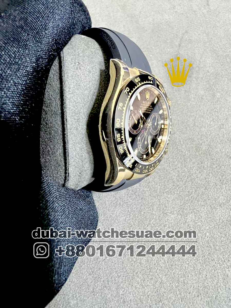 Replica Rolex Cosmograph Daytona 40 mm Gold Black Dial With Black Chrono Black Bezel With Black Rubber Strap Replica Rolex Cosmograph Daytona 40 mm Gold Black Dial With Black Chrono Black Bezel With Black Rubber Strap