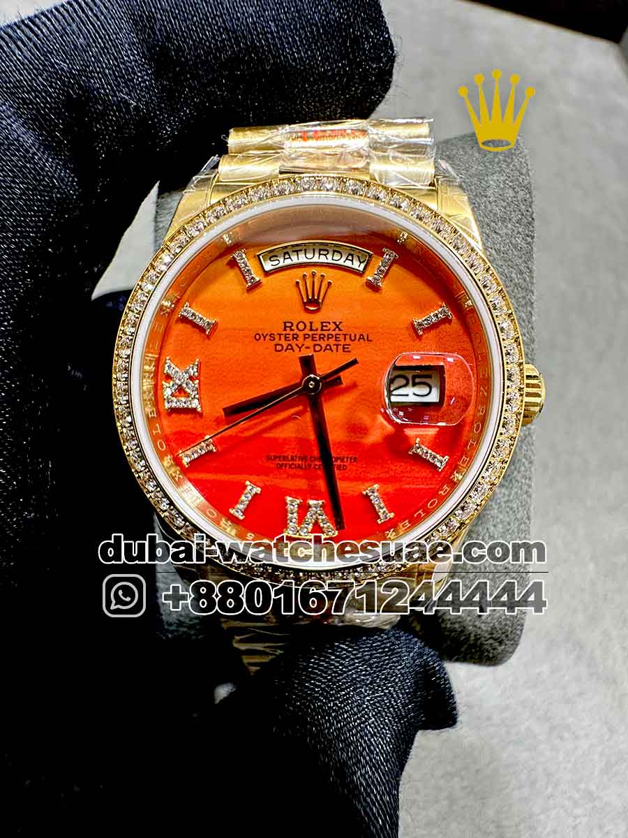 Copy Rolex 36 mm Day date Rose Gold Eisenkiesel Orange dial With Roman Numeral Copy Rolex 36 mm Day date Rose Gold Eisenkiesel Orange dial With Roman Numeral