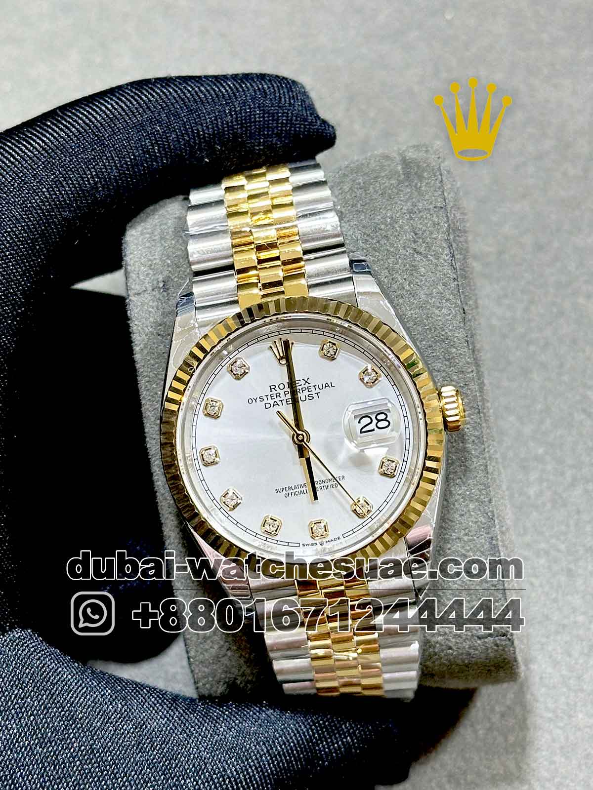 Copy Rolex 36 mm Date Just White Dial With Stonned Numeric Flutted Bezel with Two Tone Jubilee Bracelet Copy Rolex 36 mm Date Just White Dial With Stonned Numeric Flutted Bezel with Two Tone Jubilee Bracelet