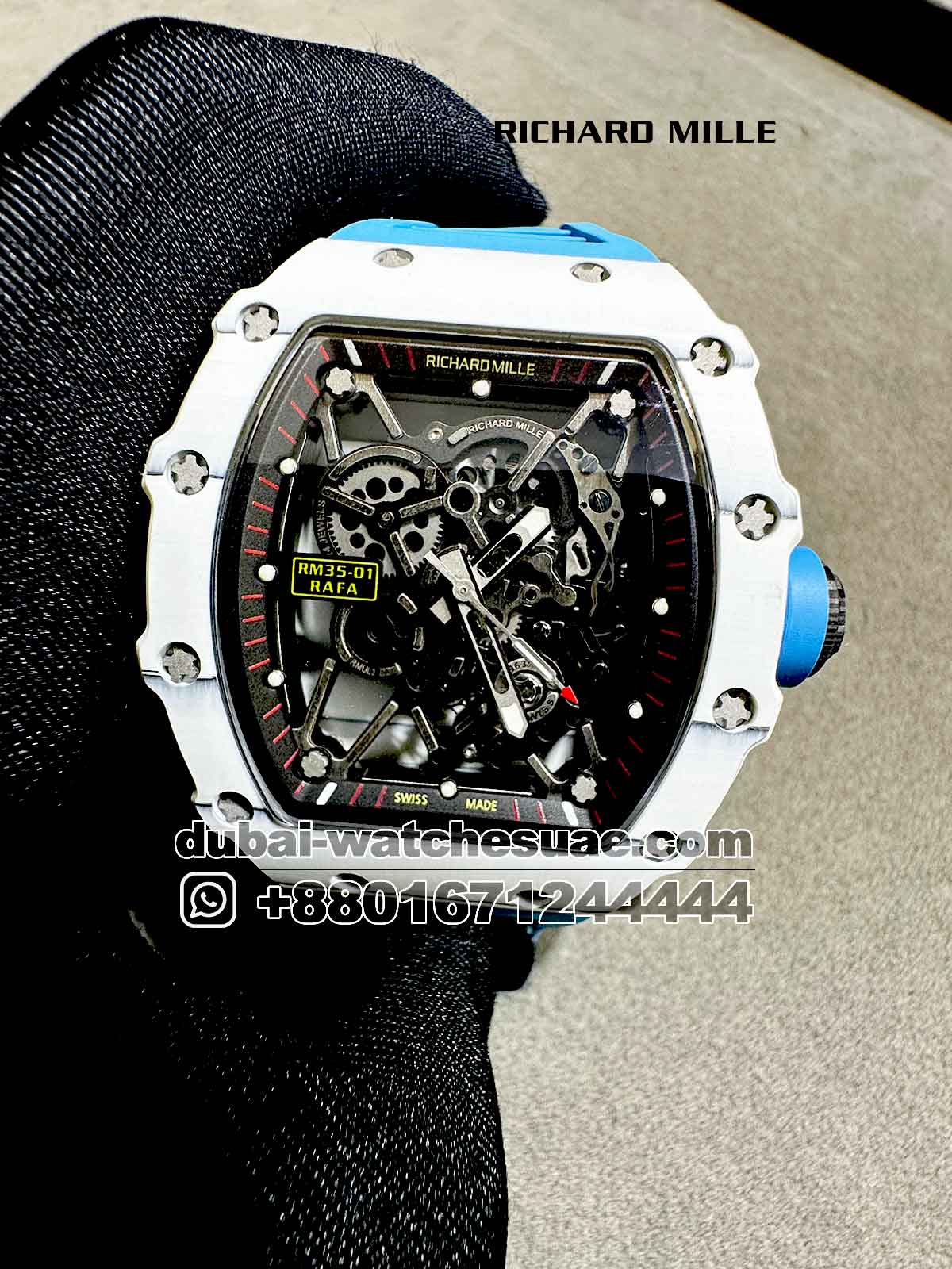 14-a Copy Richard Mille Rafa White RM 35-01 With Blue Rubber Strap