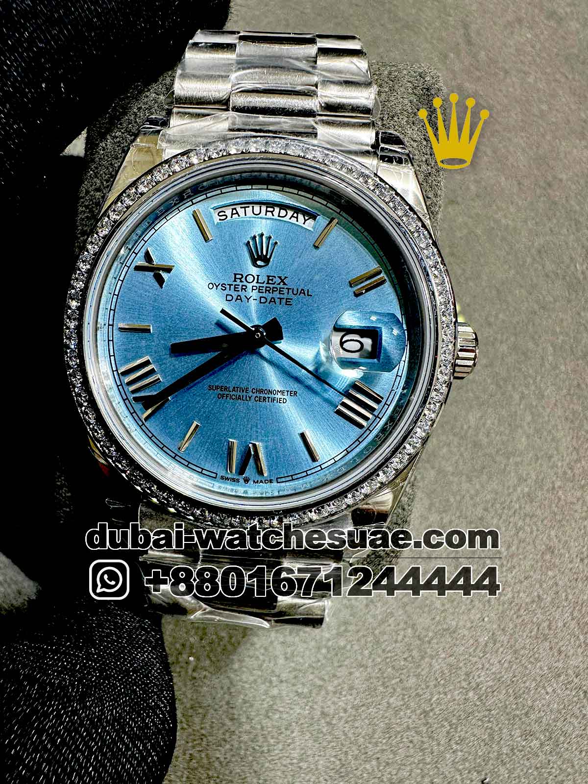 9-a Copy Rolex Day Date 40 mm Blue Dial With Stone Numeric And Bezel With Oyster Bracelet