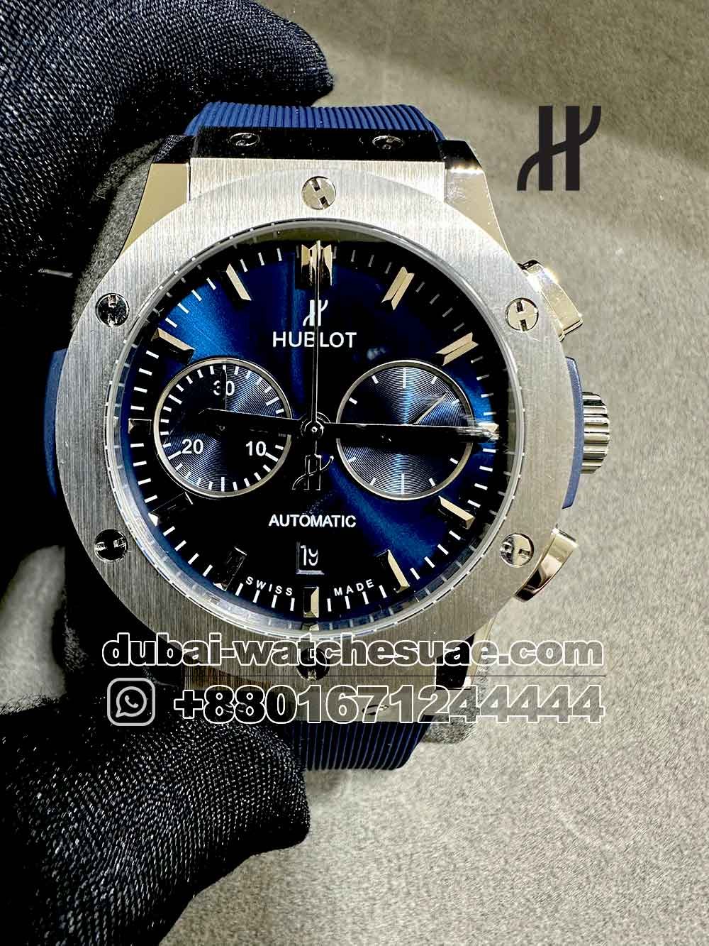2-a Copy Hublot Classic Fusion Chronograph Blue With Rubber Strap