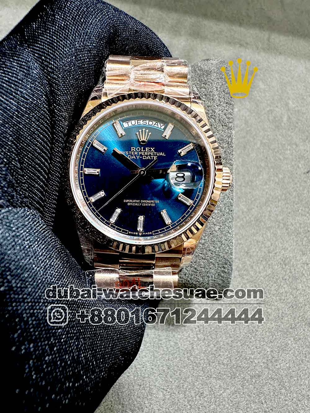 2-a Copy Rolex Day Date 36 mm light blue Dial diamond numeric and Flutted Bezel with Rose Gold Bracelet