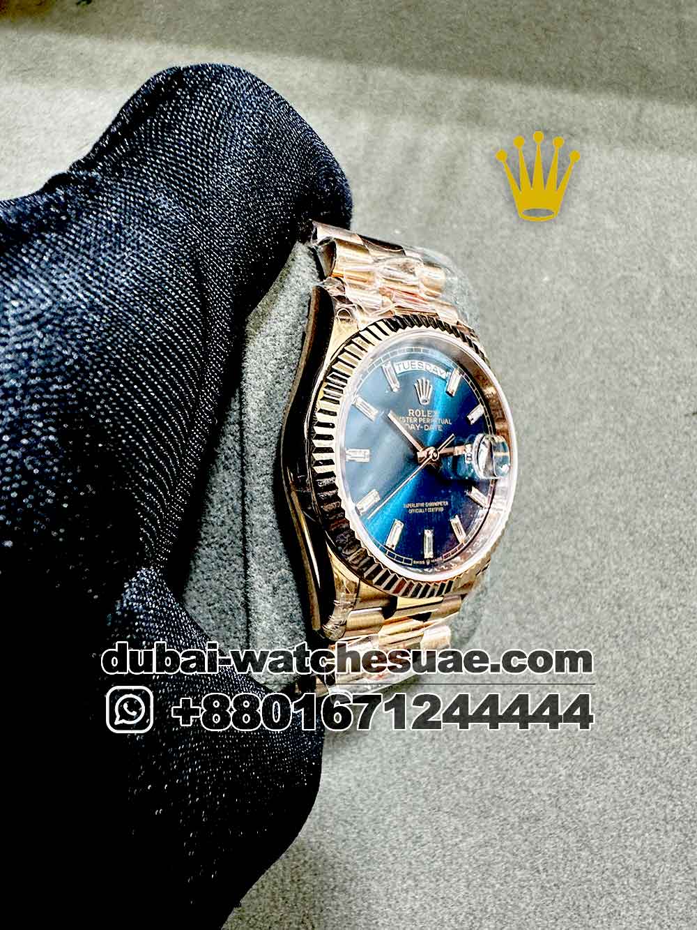 2-b Replica Rolex Day Date 36 mm light blue Dial diamond numeric and Flutted Bezel with Rose Gold Bracelet