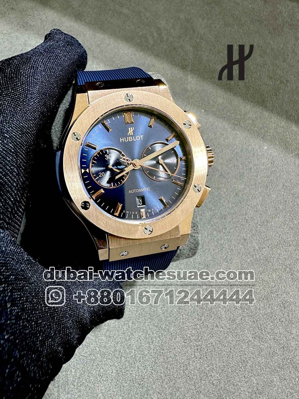 5-a Copy Hublot Classic Fusion Chronograph Titanium Blue With Rose Gold Bezel and Blue Rubber Strap