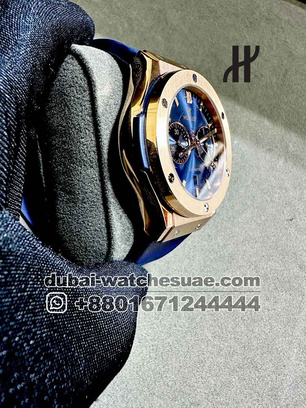 5-b Replica Hublot Classic Fusion Chronograph Titanium Blue With Rose Gold Bezel and Blue Rubber Strap