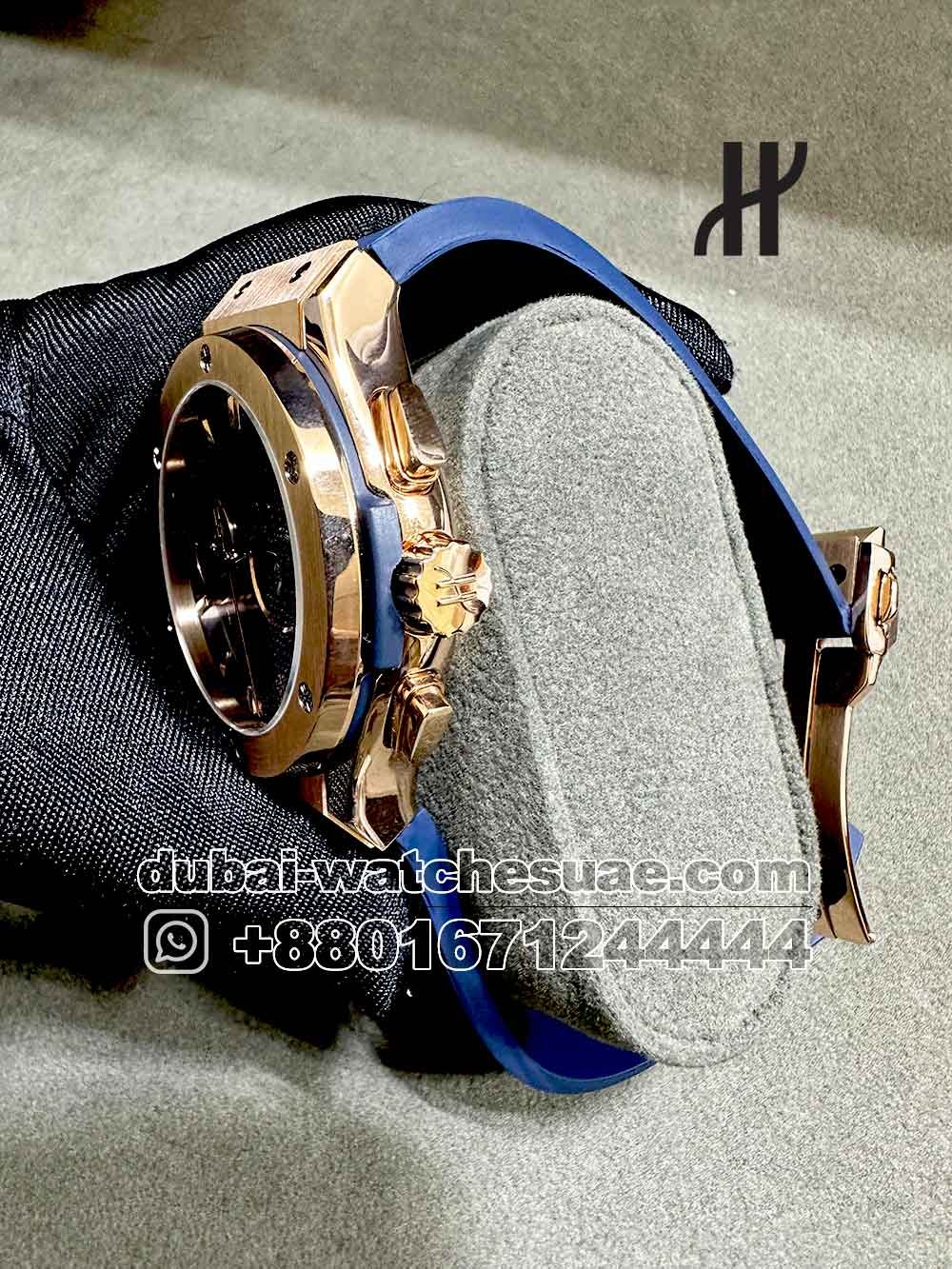 5-c AAA Hublot Classic Fusion Chronograph Titanium Blue With Rose Gold Bezel and Blue Rubber Strap