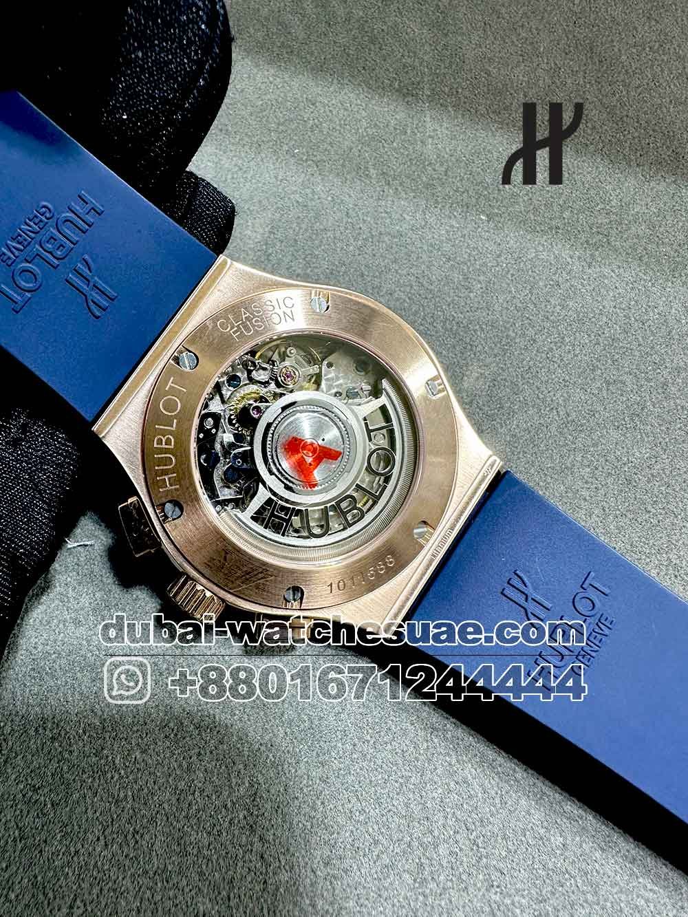 5-d Superclone Hublot Classic Fusion Chronograph Titanium Blue With Rose Gold Bezel and Blue Rubber Strap