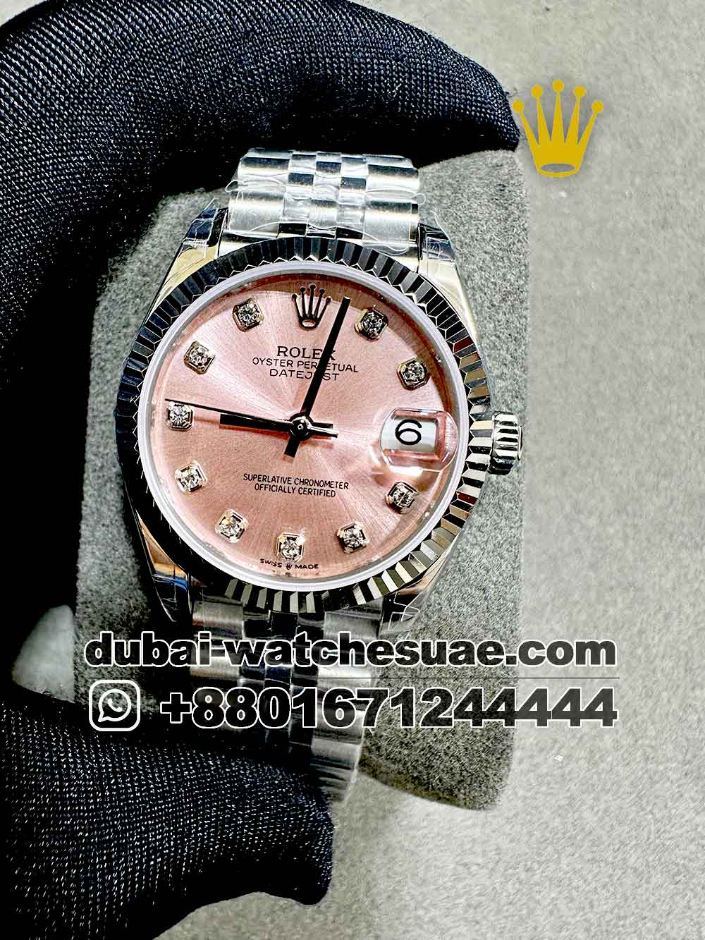 8-a Copy Rolex 31 mm Date Just Pink dial With Stone Numeric , Flutted Bezel And Silver Jubilee Bracelet
