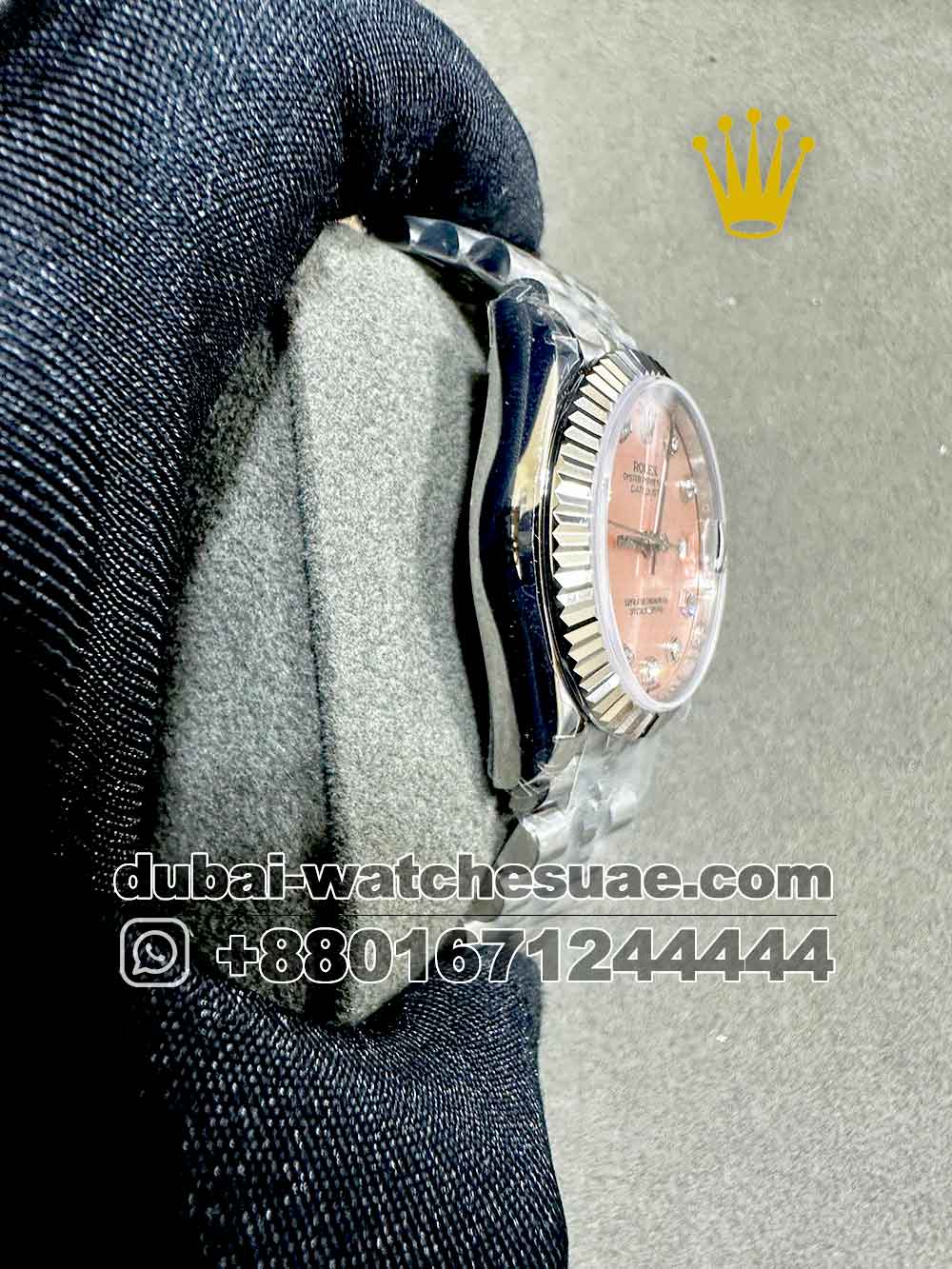 8-b Replica Rolex 31 mm Date Just Pink dial With Stone Numeric , Flutted Bezel And Silver Jubilee Bracelet