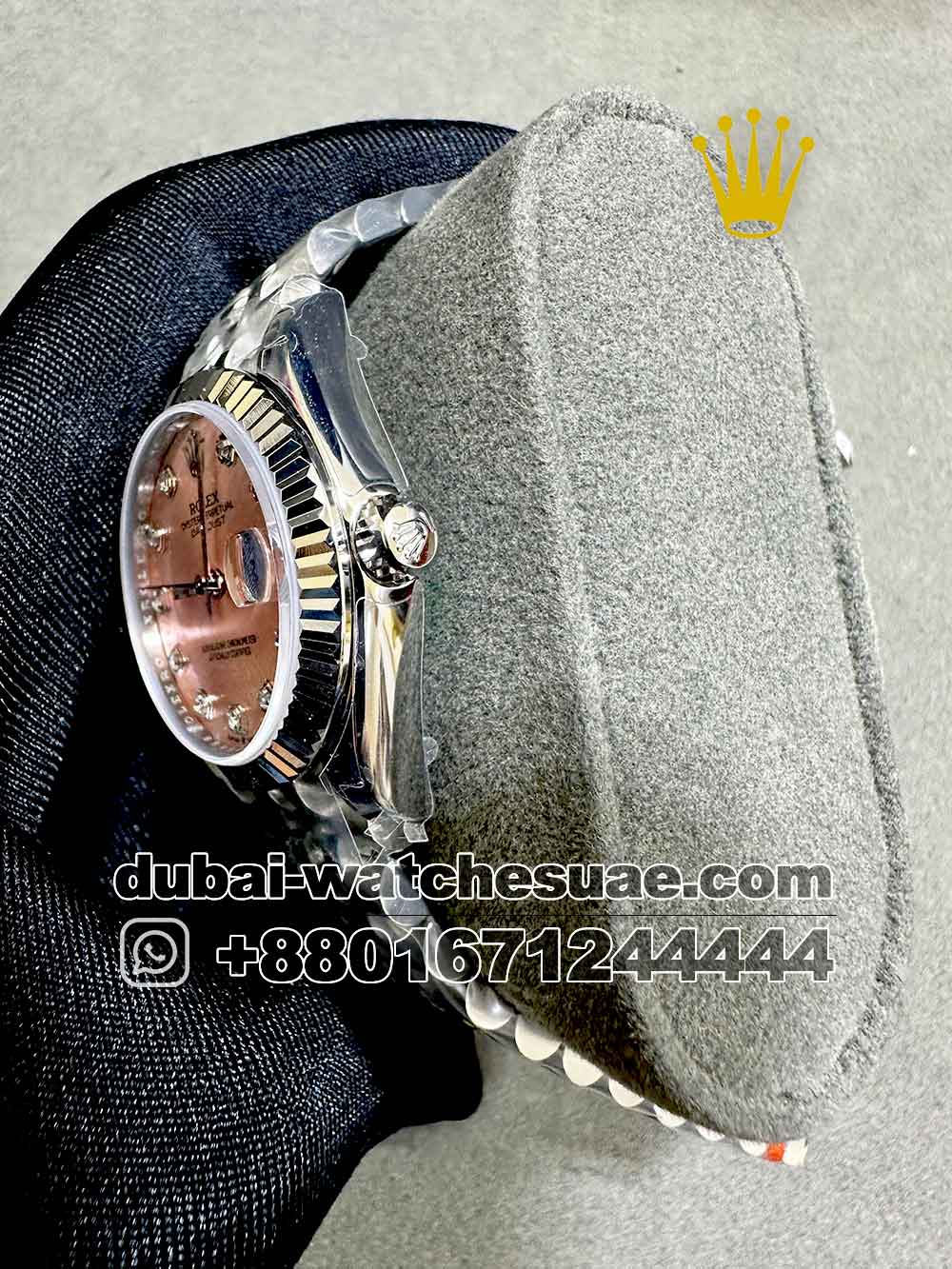 8-c AAA Rolex 31 mm Date Just Pink dial With Stone Numeric , Flutted Bezel And Silver Jubilee Bracelet